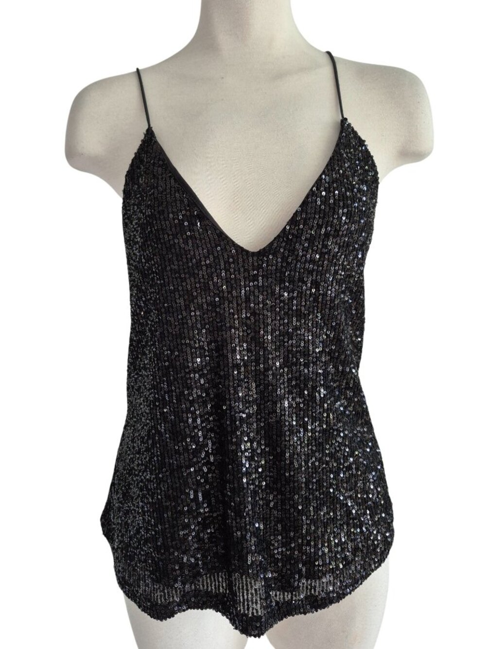Sequin Black Cami Shimmering Rolled Elastic Spaghetti Straps Size S/M
